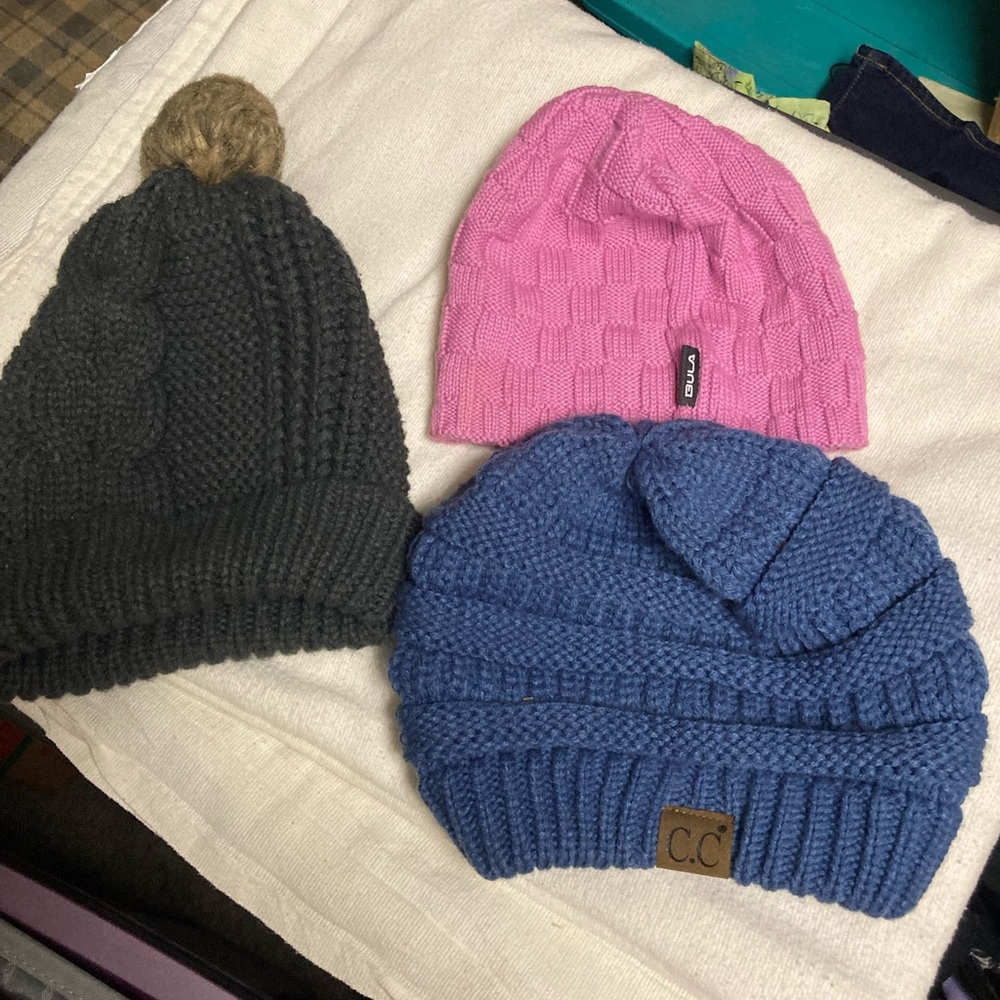 3 Women’s knit hats- Charcoal, Pink, Blue